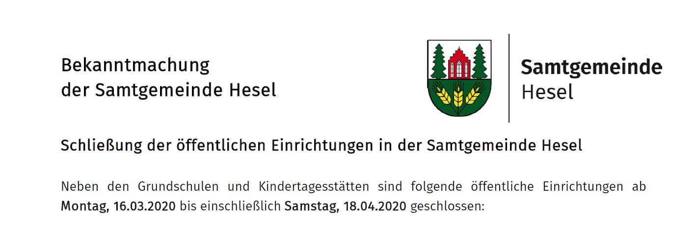 Read more about the article Schließung der öffentlichen Einrichtungen in Hesel